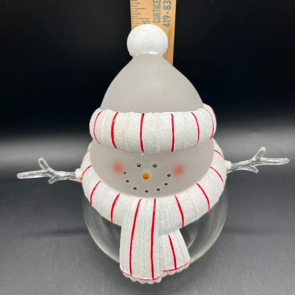 Snowman Glass Candy Jar Frosted Lid White Striped Christmas 5.75